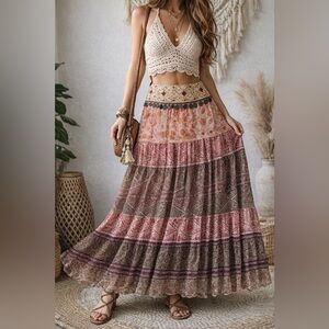 Kenar 100% Silk Boho Maxi Skirt Embroidered Beaded Waist Tiered Size 12